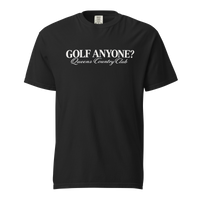 Queens Country Club Golf Anyone? Tee with white print in Black, front view