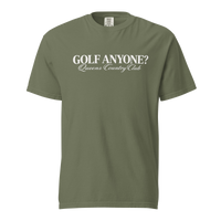 Queens Country Club Golf Anyone? Tee with white print in Moss, front view