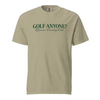 Queens Country Club Golf Anyone? Tee with green print in Khaki, front view
