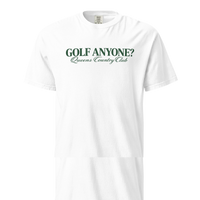 Queens Country Club Golf Anyone? Tee with green print in White, front view