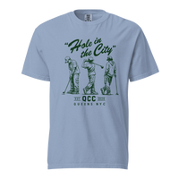 Washed Denim Hole in the City heavyweight golf T-shirt with green QCC three-golfer graphic | Queens Country Club