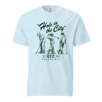 Chambray Hole in the City heavyweight golf T-shirt with green QCC three-golfer graphic | Queens Country Club