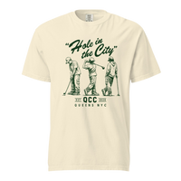 Ivory Hole in the City heavyweight golf T-shirt with green QCC three-golfer graphic | Queens Country Club