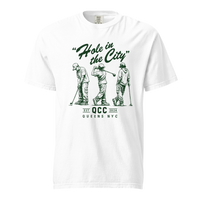 White Hole in the City heavyweight golf T-shirt with green QCC three-golfer graphic | Queens Country Club