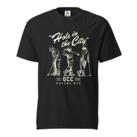 Black Hole in the City heavyweight golf T-shirt with cream QCC three-golfer graphic | Queens Country Club