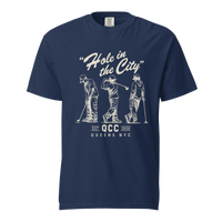 True Navy Hole in the City heavyweight golf T-shirt with cream QCC three-golfer graphic | Queens Country Club