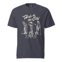 Navy Hole in the City heavyweight golf T-shirt with cream QCC three-golfer graphic | Queens Country Club