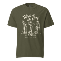 Sage Hole in the City heavyweight golf T-shirt with cream QCC three-golfer graphic | Queens Country Club