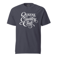 Navy QCC Heritage Script heavyweight garment-dyed T-shirt with white Queens Country Club graphic