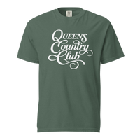 Blue Spruce QCC Heritage Script heavyweight garment-dyed T-shirt with white Queens Country Club graphic