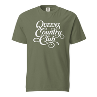 Moss QCC Heritage Script heavyweight garment-dyed T-shirt with white Queens Country Club graphic