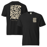Black Never Bogey Again heavyweight T-shirt with cream Queens Country Club graphic, front and back views