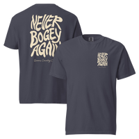 Navy Never Bogey Again heavyweight T-shirt with cream Queens Country Club graphic, front and back views