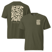 Sage Never Bogey Again heavyweight T-shirt with cream Queens Country Club graphic, front and back views