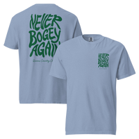 Washed Denim Never Bogey Again heavyweight T-shirt with green Queens Country Club graphic, front and back views