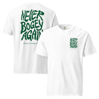 White Never Bogey Again heavyweight T-shirt with green Queens Country Club graphic, front and back views