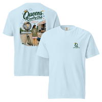 Chambray Queens Summer Country Club Tee featuring the seasonal QCC golf graphic, front-and-back product mockup | Queens Country Club