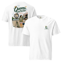 White Queens Summer Country Club Tee featuring the seasonal QCC golf graphic, front-and-back product mockup | Queens Country Club
