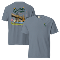 Blue Jean Queensboro Bridge Golf Tee featuring the QCC bridge golf graphic, front-and-back product mockup | Queens Country Club