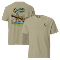 Khaki Queensboro Bridge Golf Tee featuring the QCC bridge golf graphic, front-and-back product mockup | Queens Country Club