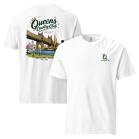 White Queensboro Bridge Golf Tee featuring the QCC bridge golf graphic, front-and-back product mockup | Queens Country Club