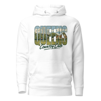 White Queens Muni Vista Vintage Hoodie with a retro Queens municipal-golf graphic, front view | Queens Country Club