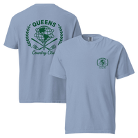 Washed Denim garment-dyed Queens Unisphere Golf Ball Tee with green print, front and back views | Queens Country Club