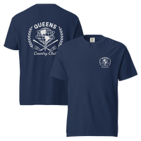 True Navy garment-dyed Queens Unisphere Golf Ball Tee with white print, front and back views | Queens Country Club