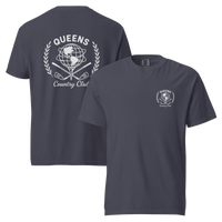 Navy garment-dyed Queens Unisphere Golf Ball Tee with white print, front and back views | Queens Country Club