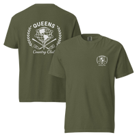 Hemp garment-dyed Queens Unisphere Golf Ball Tee with white print, front and back views | Queens Country Club