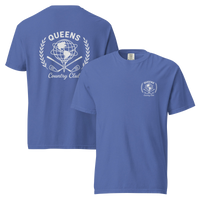 Mystic Blue garment-dyed Queens Unisphere Golf Ball Tee with white print, front and back views | Queens Country Club