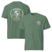 Light Green garment-dyed Queens Unisphere Golf Ball Tee with white print, front and back views | Queens Country Club