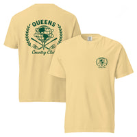 Butter garment-dyed Queens Unisphere Golf Ball Tee with green print, front and back views