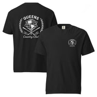Black garment-dyed Queens Unisphere Golf Ball Tee with white print, front and back views