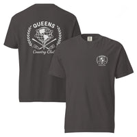 Graphite garment-dyed Queens Unisphere Golf Ball Tee with white print, front and back views