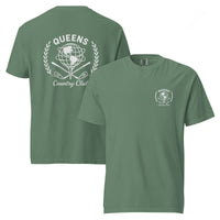 Light Green garment-dyed Queens Unisphere Golf Ball Tee with white print, front and back views