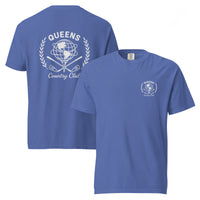 Mystic Blue garment-dyed Queens Unisphere Golf Ball Tee with white print, front and back views