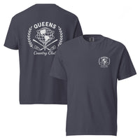Navy garment-dyed Queens Unisphere Golf Ball Tee with white print, front and back views