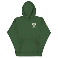 Queens Country Club hoodie featuring cream “Queens Borough Golf & Recreation Dept.” back graphic and small QCC logo on front chest.