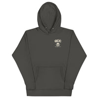 Queens Country Club hoodie featuring cream “Queens Borough Golf & Recreation Dept.” back graphic and small QCC logo on front chest.