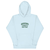 Queens Country Club Queens Golf New York collegiate hoodie with varsity-style golf graphic on front