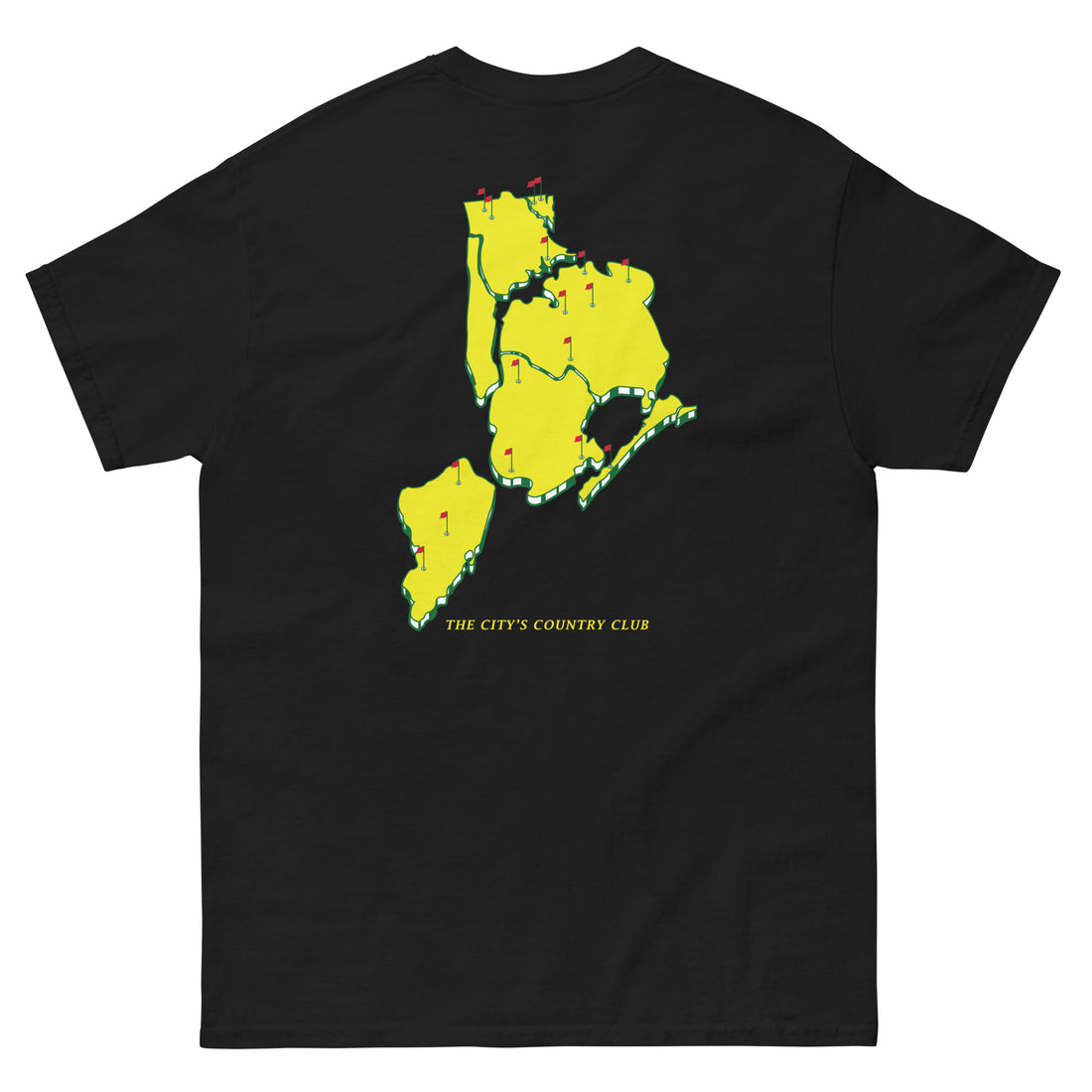 Queens Country Club T-shirt featuring minimalist front text 'Queens Country Club New York' and bold back graphic of NYC borough map with golf flags. Public golf streetwear celebrating New York City's municipal golf culture