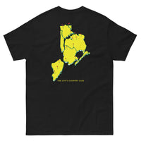 Queens Country Club T-shirt featuring minimalist front text 'Queens Country Club New York' and bold back graphic of NYC borough map with golf flags. Public golf streetwear celebrating New York City's municipal golf culture