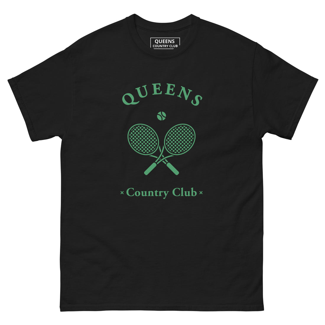 Queens Country Club T-shirt with green graphic of crossed tennis rackets and ball. Vintage-inspired tennis streetwear celebrating Queens, NYC sports culture and country club aesthetics
