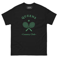 Queens Country Club T-shirt with green graphic of crossed tennis rackets and ball. Vintage-inspired tennis streetwear celebrating Queens, NYC sports culture and country club aesthetics