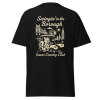 Queens Country Club T-shirt featuring vintage-style golf squirrel mascot driving a golf cart with NYC skyline, Unisphere, and Queensboro Bridge in background. Swingin' in the Borough golf streetwear for New York golfers