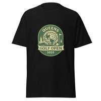 Black unisex T-shirt featuring a vintage-style graphic for the "Queens Golf Open 2025." The design includes the Unisphere at the center, surrounded by silhouettes of iconic NYC buildings, a golf ball, and a flagstick. The text "QUEENS GOLF OPEN 2025" is prominently displayed in cream and green tones within a badge-like emblem.
