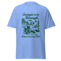 Queens Country Club T-shirt featuring vintage-style golf squirrel mascot driving a golf cart with NYC skyline, Unisphere, and Queensboro Bridge in background. Swingin' in the Borough golf streetwear for New York golfers
