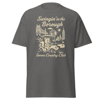 Queens Country Club T-shirt featuring vintage-style golf squirrel mascot driving a golf cart with NYC skyline, Unisphere, and Queensboro Bridge in background. Swingin' in the Borough golf streetwear for New York golfers