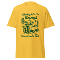 Queens Country Club T-shirt featuring vintage-style golf squirrel mascot driving a golf cart with NYC skyline, Unisphere, and Queensboro Bridge in background. Swingin' in the Borough golf streetwear for New York golfers